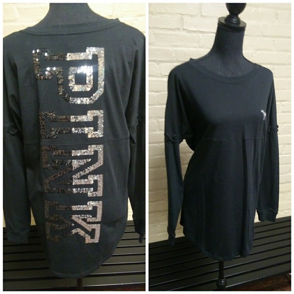 PINK Victoria's Secret Tops - VS PINK | Jersey Style Bling L/S Comfy Tee Black